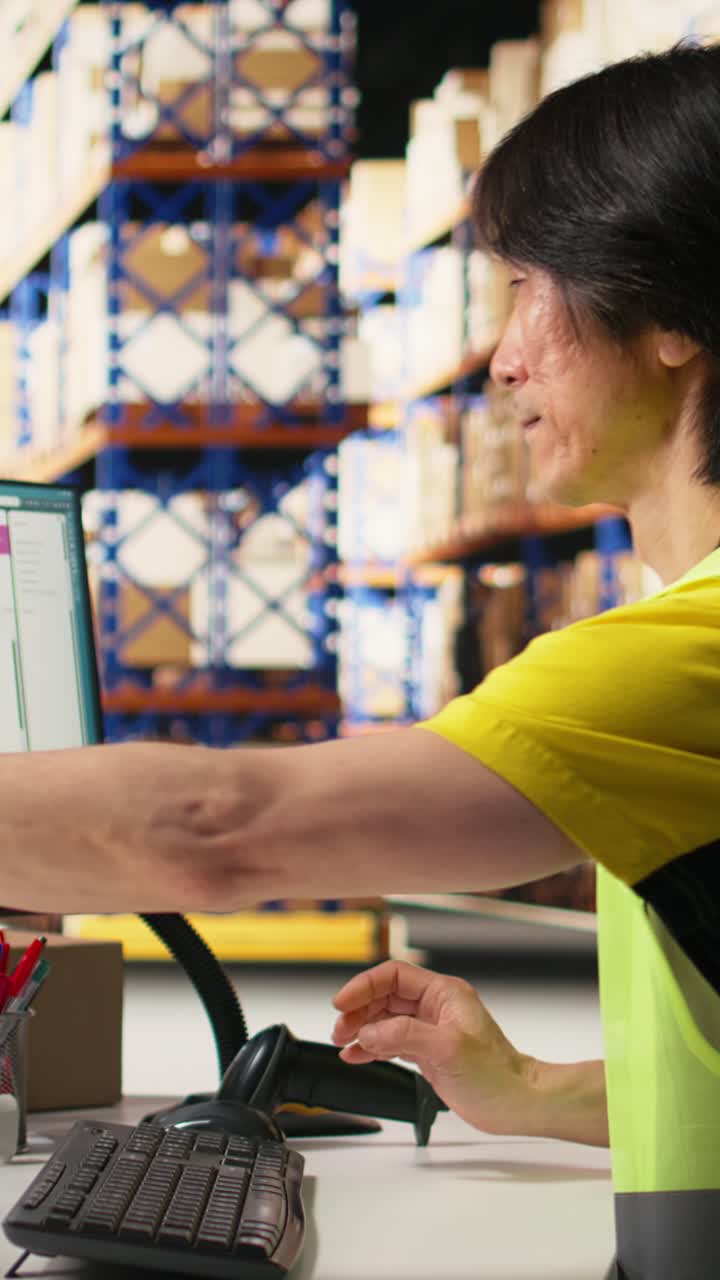 Vertical Video Fulfillment center staff engages in airway bills scanning for order tracking