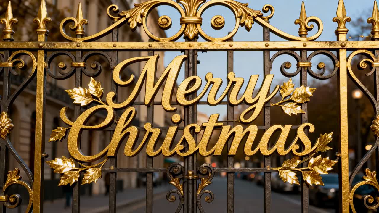 Pushing camera, focusing on gilded Merry Christmas sign on wrought-iron gate, emphasizing lettering