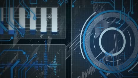 Animation-of-hud-screens-with-circles,-graphs-and-electronic-circuit-board-patterns