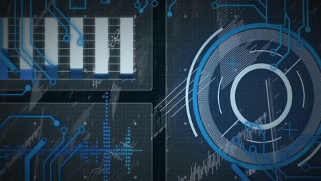 animación de pantallas de hud con círculos, gráficos y patrones de placas de circuitos electrónicos