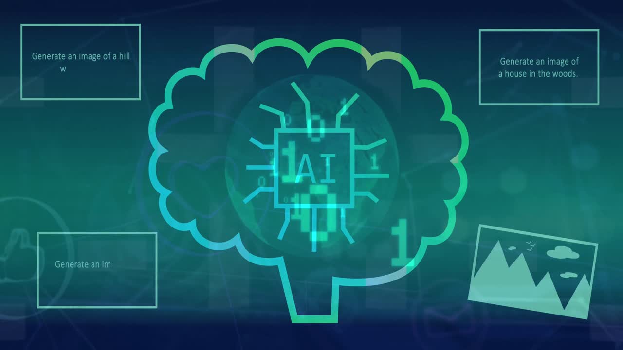 Animation of ai data processing over globe with ai icons