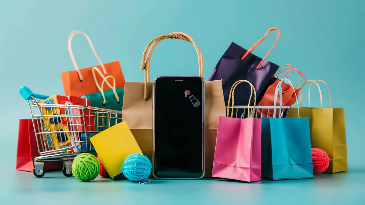 Shopping Spree with Colorful Bags and Mobile Phone