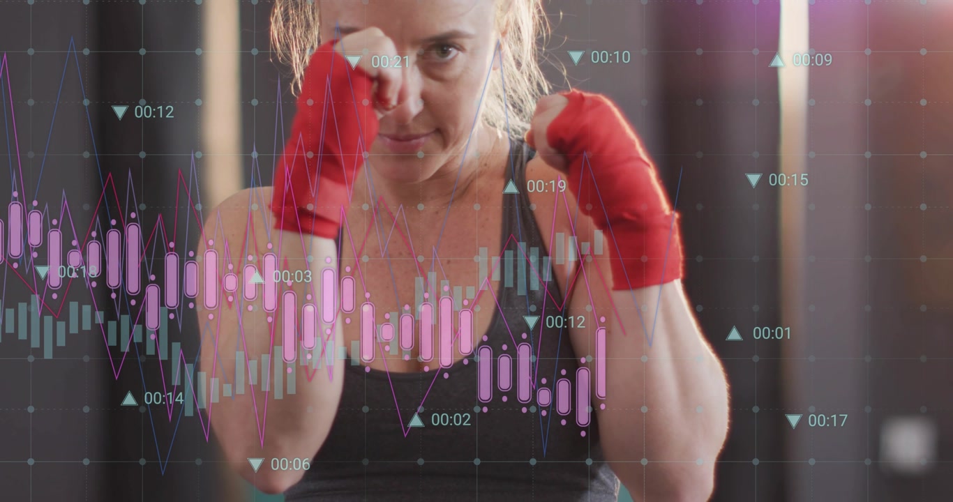 Female boxer raising guard shifting stance and jabbing with data overlay appearing tracking fitness