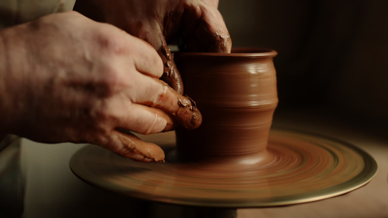artista de arcilla esculpiendo en cerámica. hombre formando una jarra de arcilla húmeda en un taller
