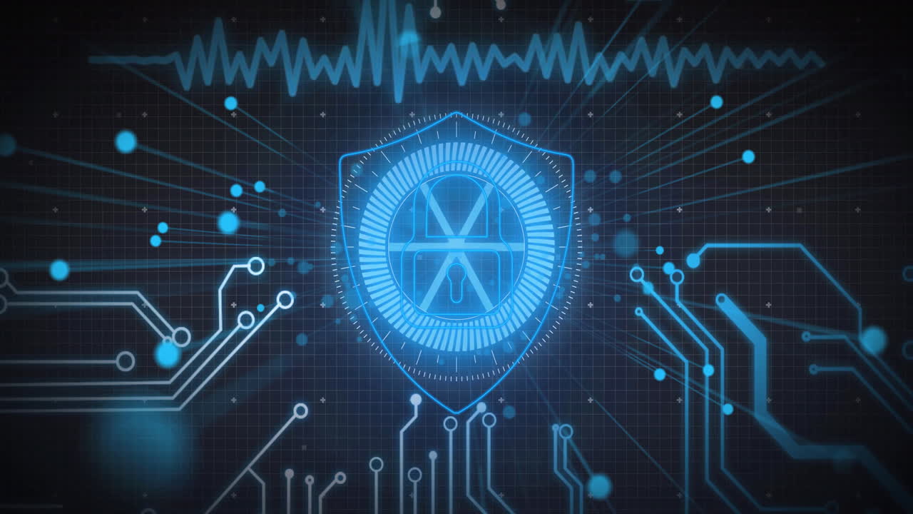 Digital shield with animation of circuit patterns and data waves for cybersecurity