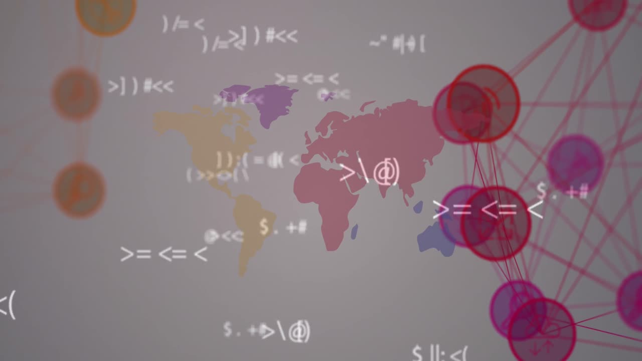 Animation of multiple symbols and connected icons forming globes over map