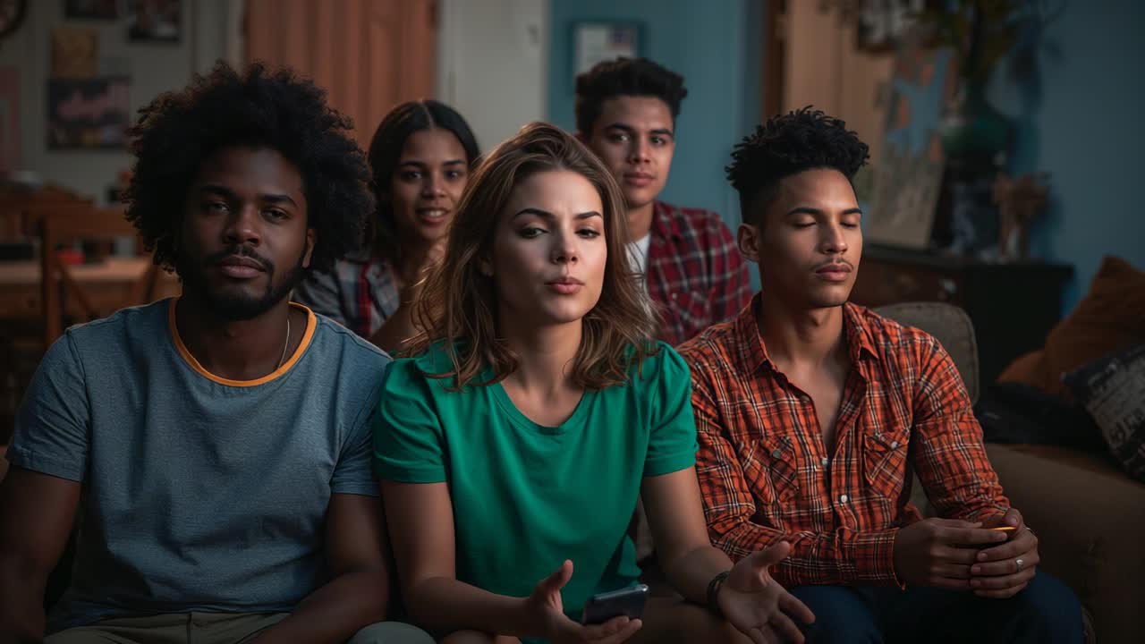 Pressing remote, Hispanic woman in green shirt guiding friends on sofa at home, commenting on show
