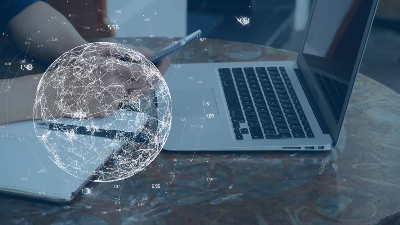 Animation of globe with connections over caucasian man using laptop and smartphone