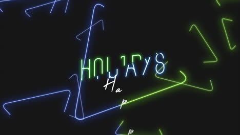 happy holidays text with neon triangles pattern on black gradient