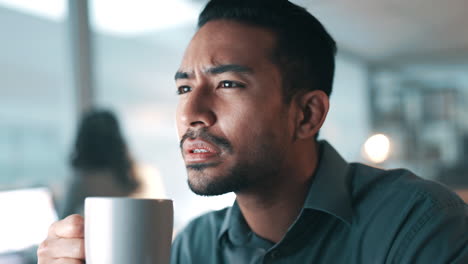 Confused, thinking and business man with coffee