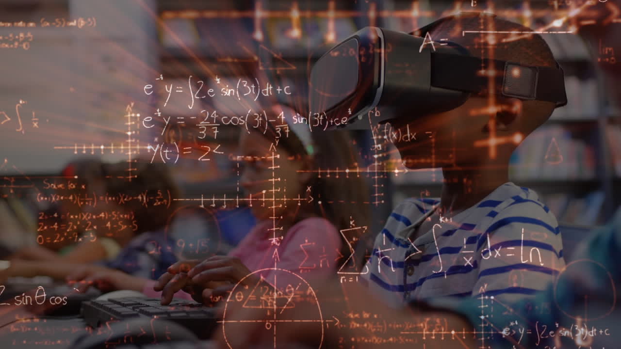 vr 헤드 ⁇ 을 착용한 학교 학생들에 대한 수학 방정식의 애니메이션
