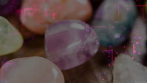 3d scene showing purple gemstone resting on wooden table, pastel stones glowing with glitch overlay