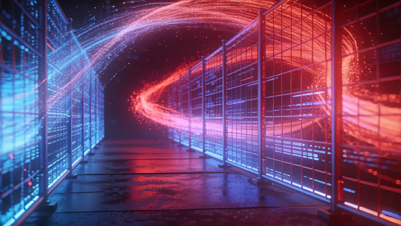 Emerging far end, blue and red ribbons advancing between server racks, colliding into bright knot