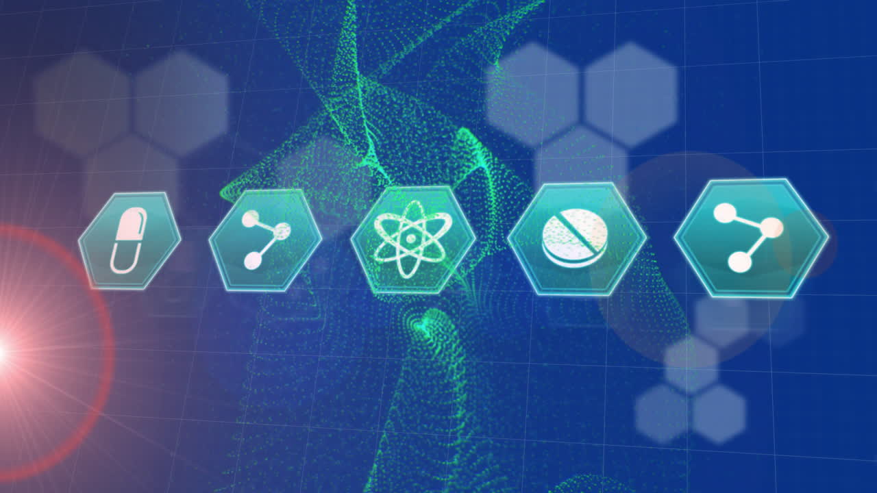 파란색 배경에 모양과 의료 아이콘의 애니메이션