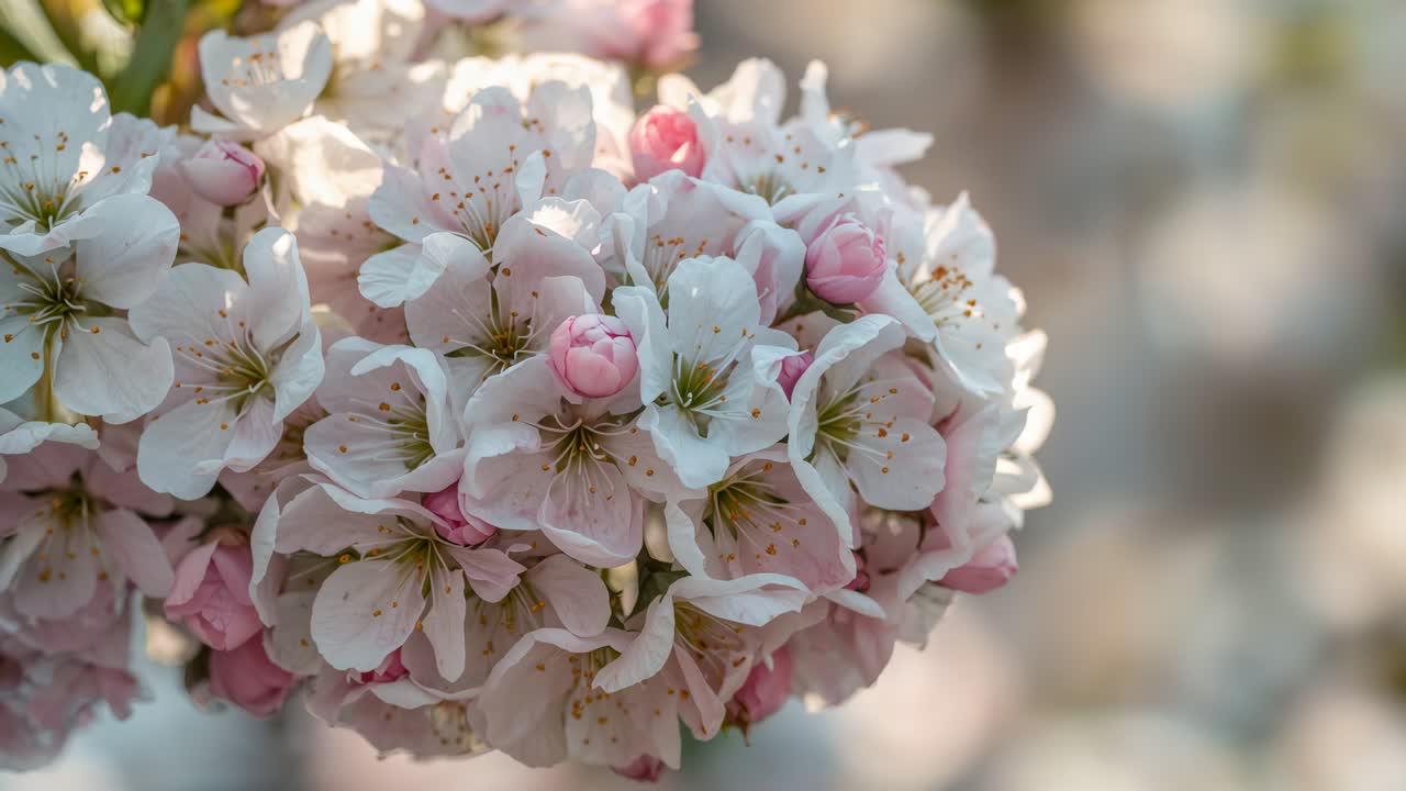 Panning camera revealing pale pink blossom cluster at garden branch, showing stamens and buds