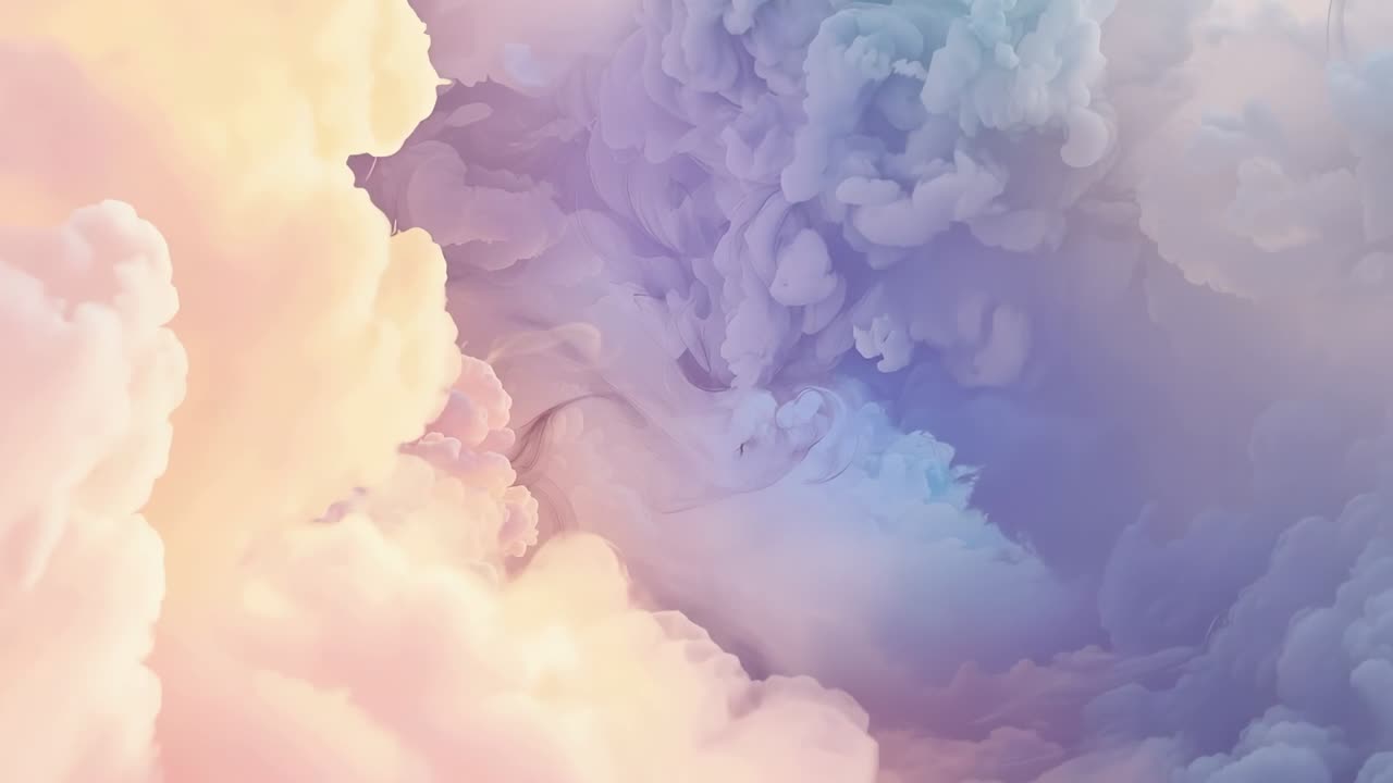 Camera moving inward pastel clouds billowing, revealing swirling cavity in open sky, wispy tendrils