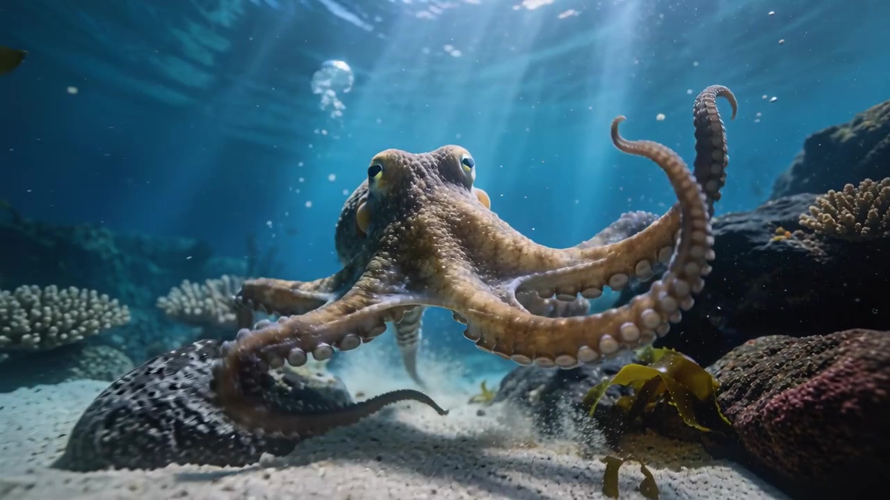 Polpo che emerge da sinistra, estende i tentacoli, spazza la sabbia in una barriera corallina poco profonda, sonda rocce e alghe, in cerca di cibo