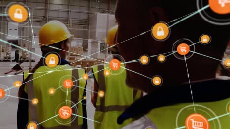 animación de un carrito de compras conectado y iconos de bloqueo sobre trabajadores multirraciales con ropa de protección