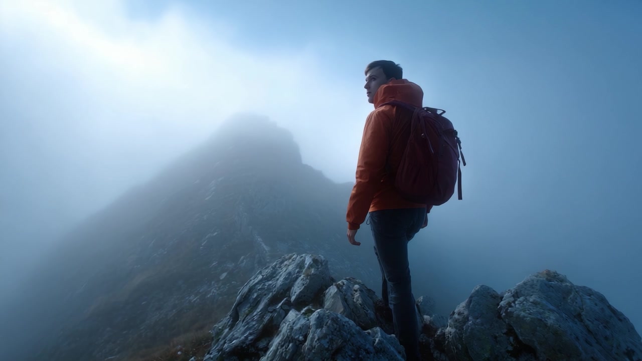 Un escursionista solitario si erge su un precipizio roccioso in mezzo a una nebbia mistica, osservando il paesaggio montuoso, catturando l'essenza dell'avventura e della solitudine nella natura.