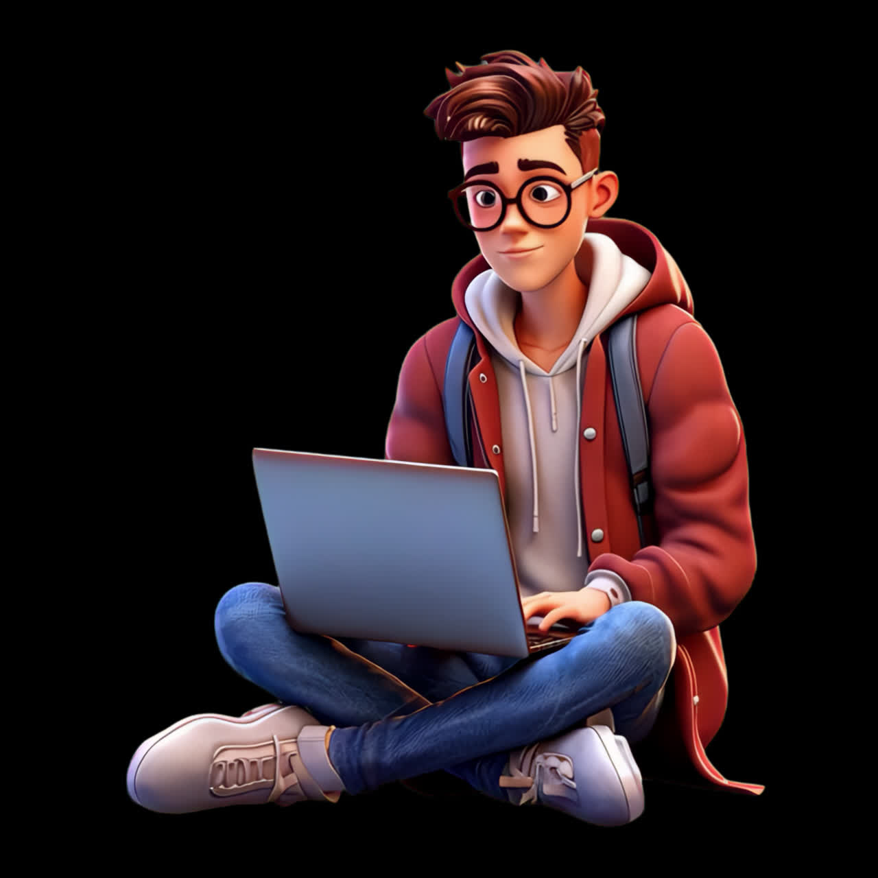 Young man using laptop animation isolated asset, transparent 4K video, alpha channel, ProRes 4444