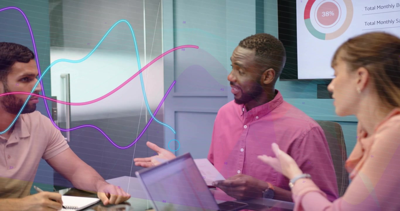 Presenter gesturing in business meeting team discussing data as animated graphs overlaying group