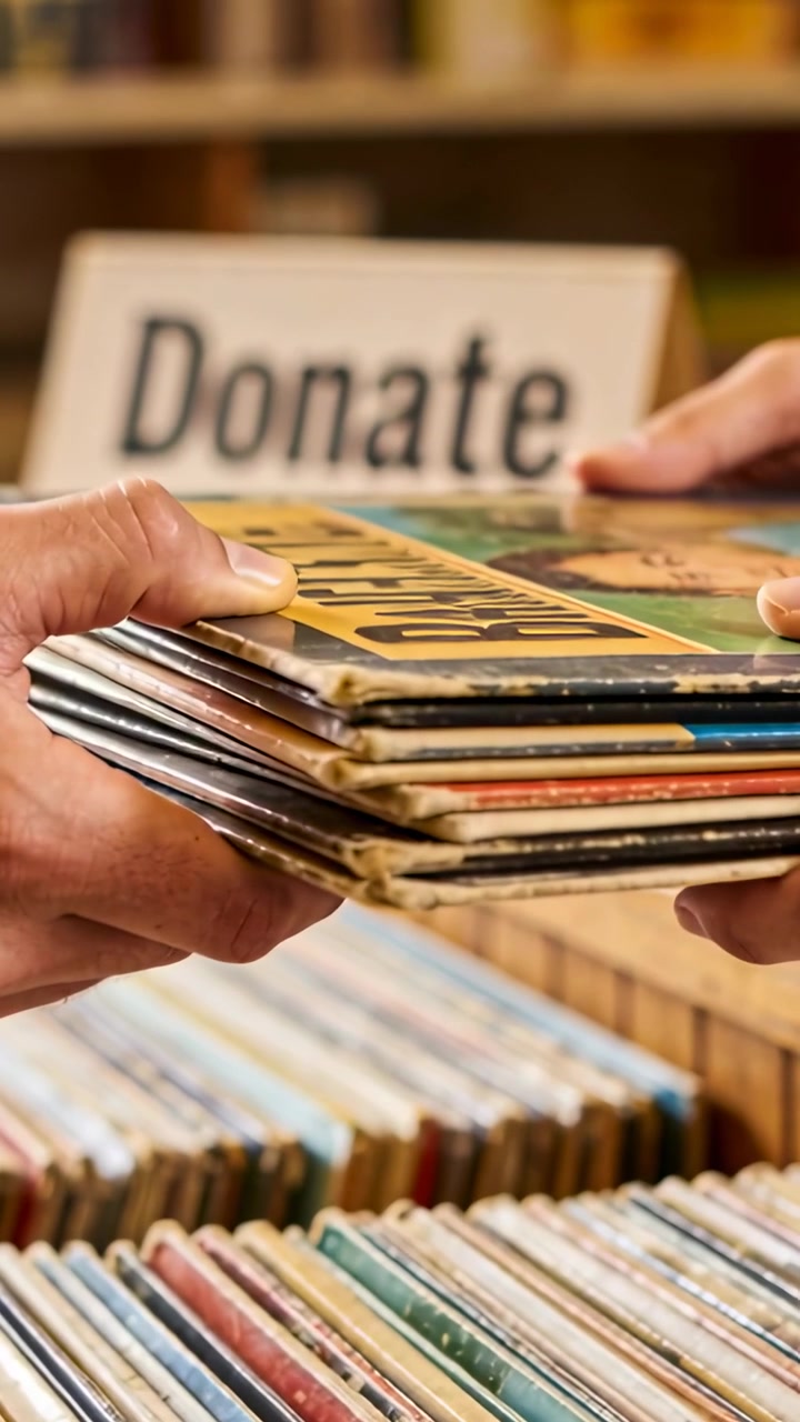 Giver strekker seg inn og overrekker stabel med vinylplater til ansatte, mottaker løfter under «Doner»-skilt