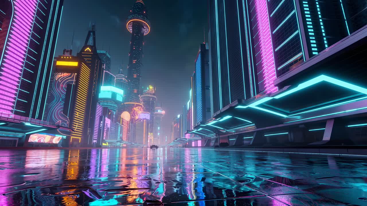 Paesaggio urbano futuristico con luci al neon, vista dal basso, perfetto per un video cyberpunk.