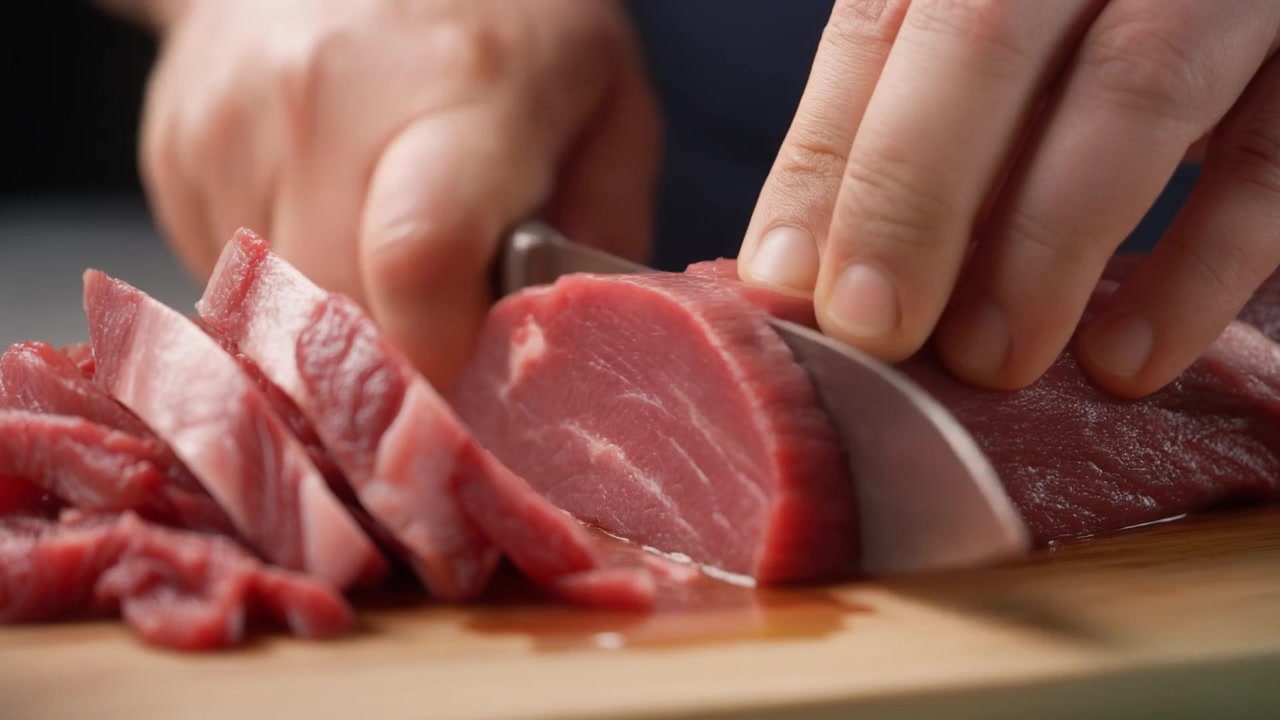 Đầu bếp thái thăn nội bò tươi sống trên thớt gỗ