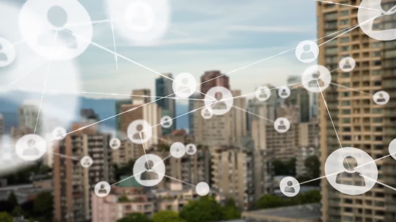 animación de la red de conexiones con las personas iconos sobre el paisaje urbano