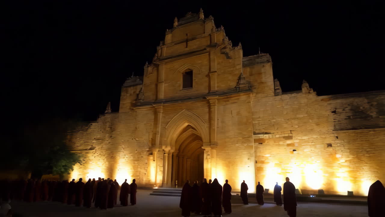Monks gathered at an illuminated monastery at night