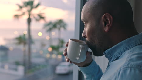 relax, sunrise and a black man with coffee