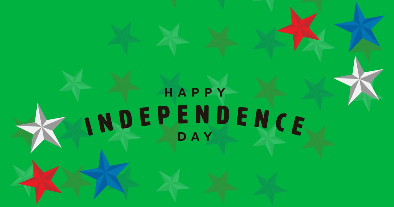 Digital animation of independence day text against multiple stars icons on black background