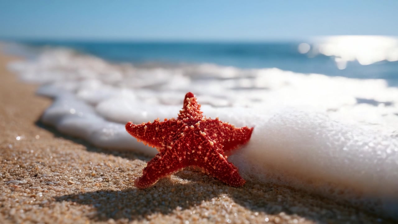 Una Bellissima Stella Marina Rossa Adagiata sulla Riva Sabbiosa con Dolci Onde Marine che Si Infrangono sullo Sfondo Sotto un Cielo Azzurro Luminoso