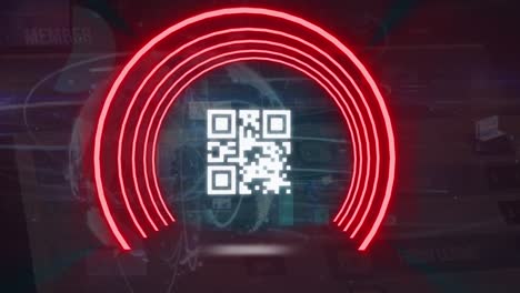 animation of qr code with neon lines over data processing and globe