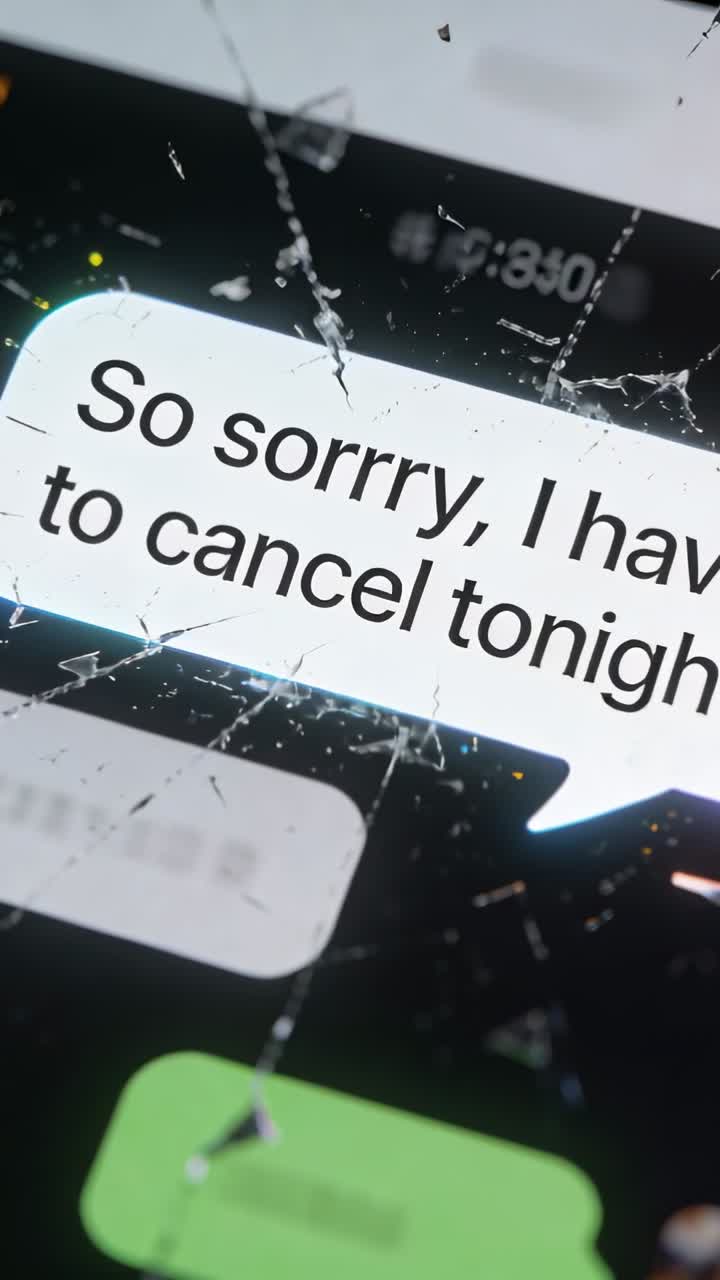 Vertical video: Camera zooming on phone screen at new message showing cracked glass and text bubble