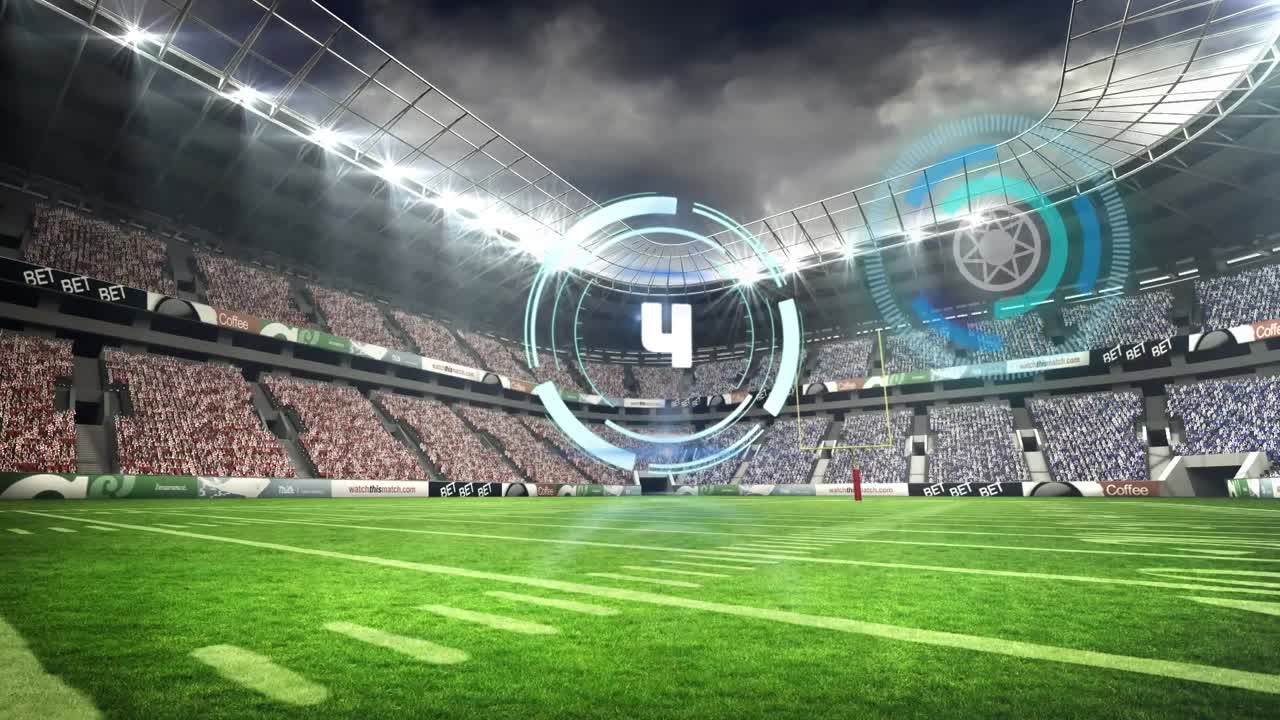 Animation of scanner with countdown processing over grass pitch at sports stadium