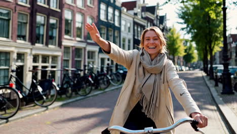 happy woman cycling through a vibrant european city street
