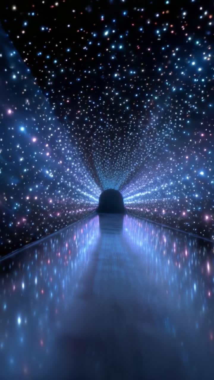 Una vista mozzafiato di un tunnel stellato illuminato da luci vivaci, che conduce in un viaggio sconosciuto attraverso un percorso cosmico pieno di meraviglia infinita.