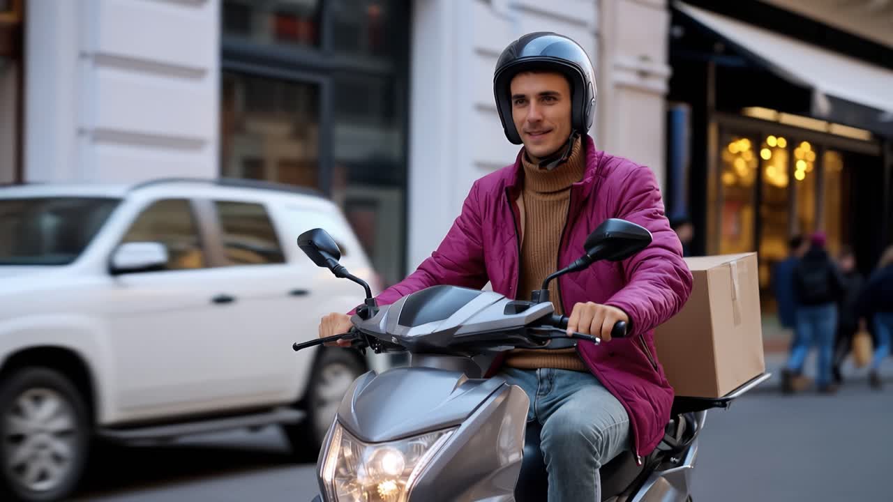Entregador Navegando pelas Ruas da Cidade em Scooter com Pacote na Mão, Destacando o Transporte Urbano e o Comércio Eletrônico no Estilo de Vida Moderno.
