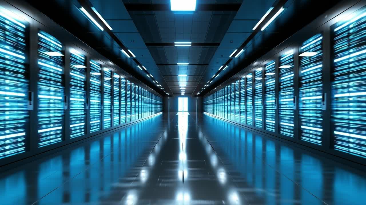 Lit servers in tech center. A modern data center showcases bright servers in a sleek corridor, highlighting advanced tech and design.