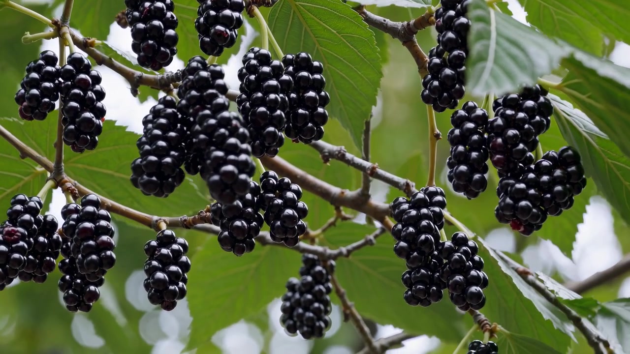Moras oscuras frescas madurando en una rama verde y frondosa