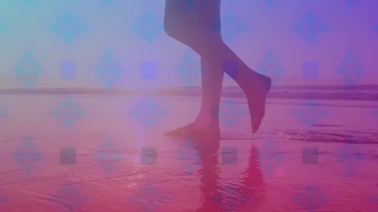 해변에서  ⁇ 고 있는 여자의 낮은 부분에 대한 분홍색 사각형 디자인 패턴