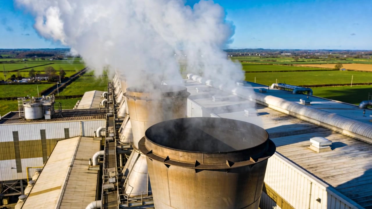 Releasing exhaust stack venting steam during processing at rural plant, breeze carrying plume