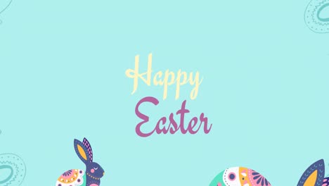 Animation-of-happy-easter-text-with-easter-bunnies-and-spinning-circle-on-blue-background