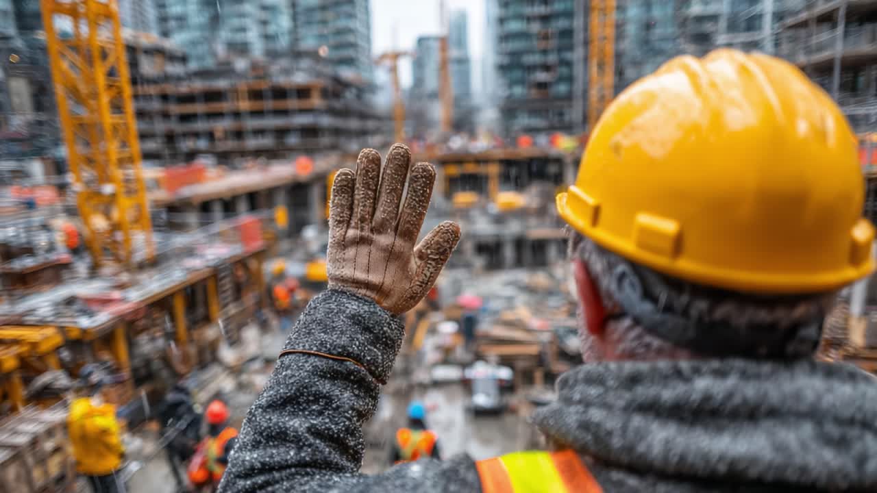 Construction Site Oversight: A Worker Waves Good-Bye Amidst Ongoing Development Projects and Busy Activity in Urban Environment