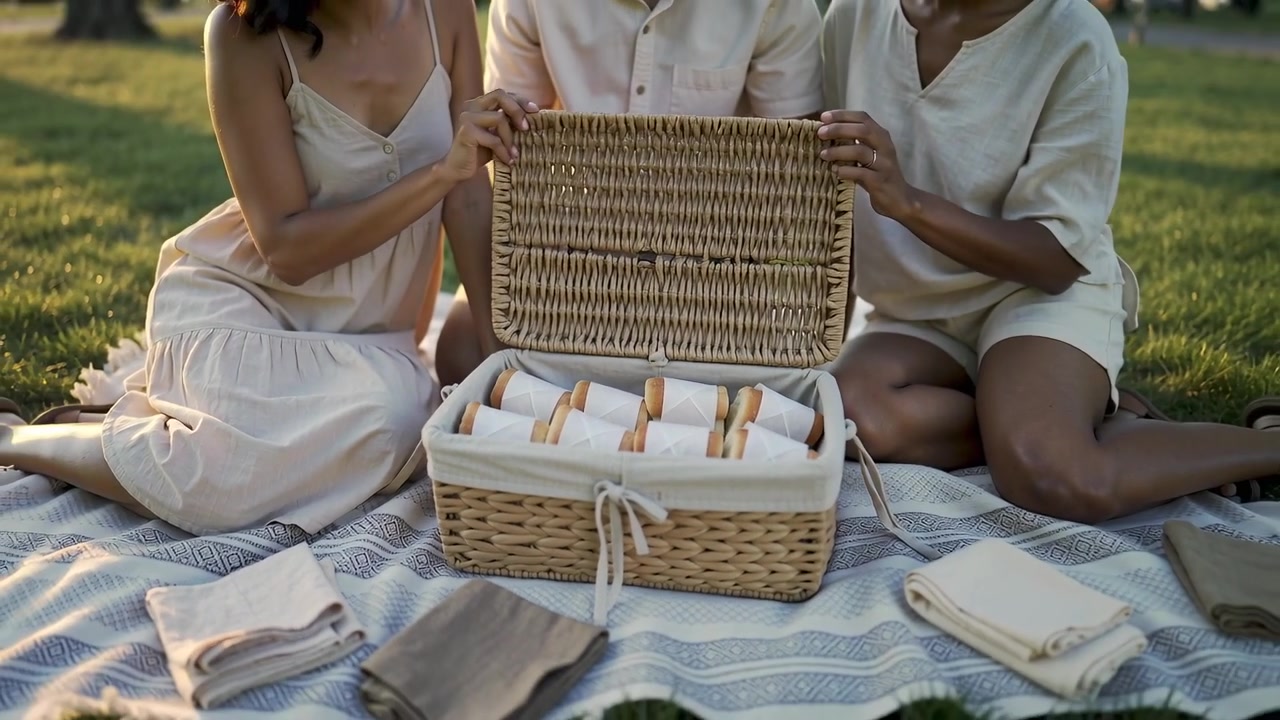 Tre amici con abiti estivi sollevano il coperchio di un cestino da picnic al parco, rivelando il cibo.
