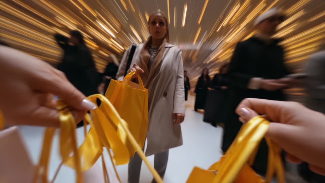 An Exciting Shopping Experience Captured in Motion: Hands Reach for Yellow Bags Amidst a Vibrant Crowd, Creating a Dynamic Atmosphere Filled With Energy and Anticipation for Retail Therapy