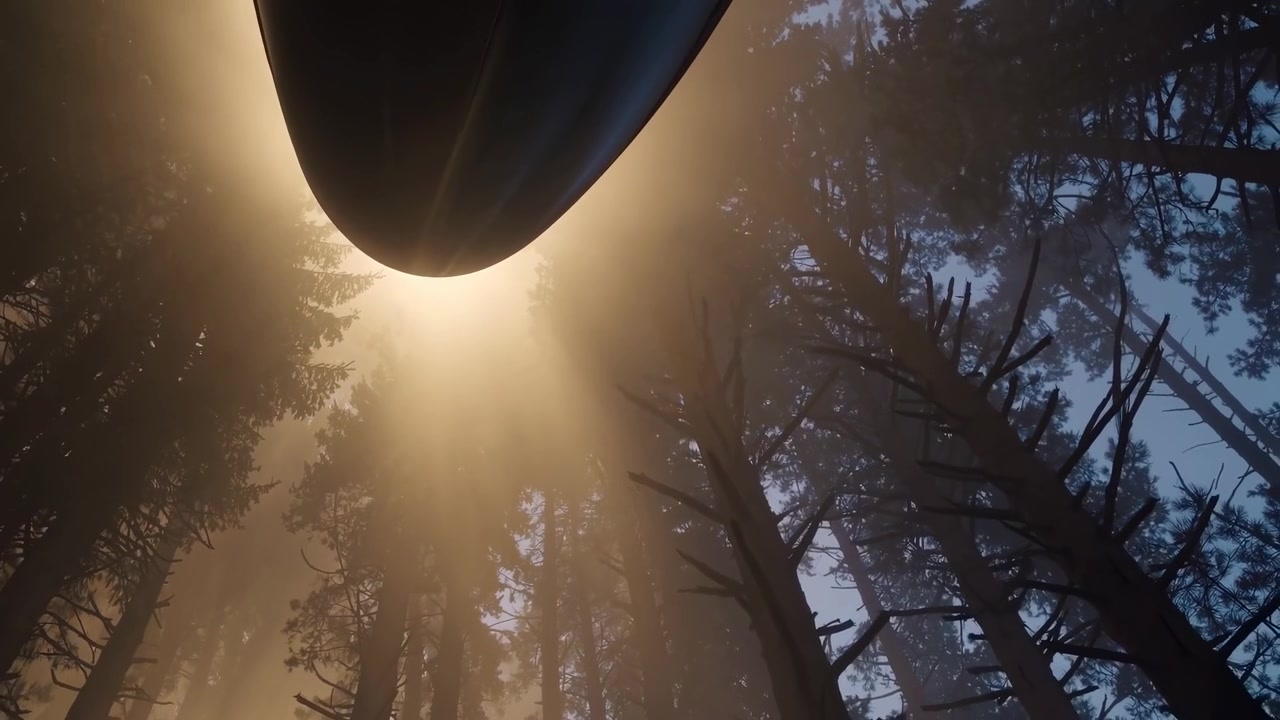 Raios de sol penetrando a copa de uma floresta nebulosa