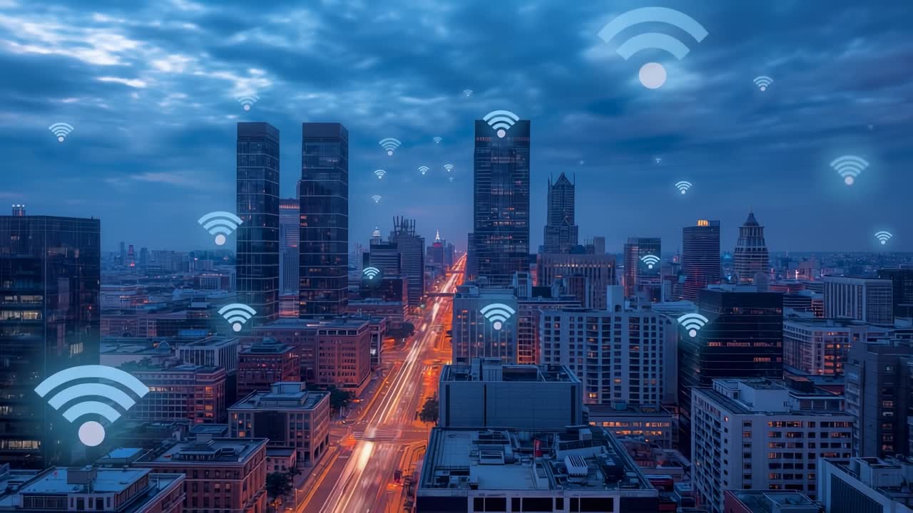 Fading Wi-Fi icons pulsing and drifting over dusk city skyline, symbolizing urban network expansion