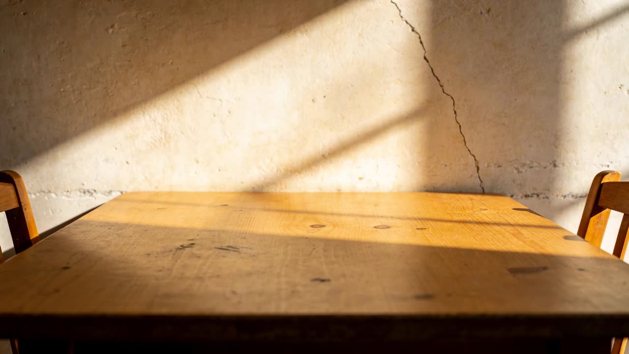 Luce solare mutevole che scivola su un tavolo di legno in una zona pranzo, proiettando barre d'ombra.
